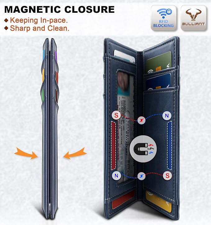 BULLIANT Slim Wallet For Men 12Cards,Magnetic Flip Build-in Money Clip Airtag Compatible-RFID Blocking