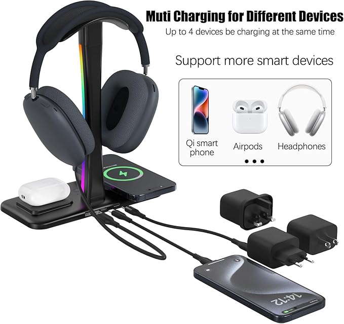 Headphone Stand with Wireless Charger,Gaming Headset stand with RGB Light Mode,For Airpod Max Stand Compatible with Airpod Pro/3/2,For iPhone 17/16/15/14/13/12/11,Gifts for Gamers & Music Lover(Black)