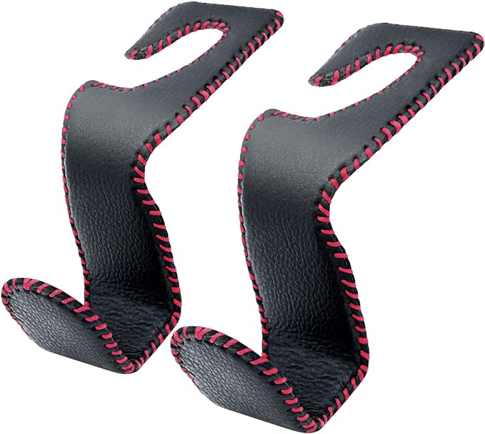 Car Seat Hooks for Purses and Bags, 2 Pack Car Purse Holder for Grocery Bag Handbag Clothes, Metal Headrest Hooks Covered by Leather, Black Red