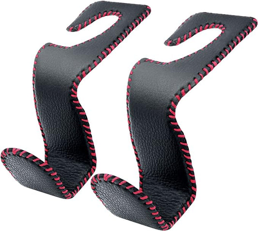 Car Seat Hooks for Purses and Bags, 2 Pack Car Purse Holder for Grocery Bag Handbag Clothes, Metal Headrest Hooks Covered by Leather, Black Red