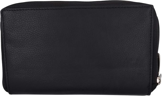 MARSHAL Genuine Leather Double Zipper Clutch Checkbook Wallet for Women #4575CF (RFID Black)