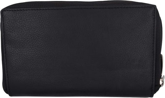MARSHAL Genuine Leather Double Zipper Clutch Checkbook Wallet for Women #4575CF (RFID Black)