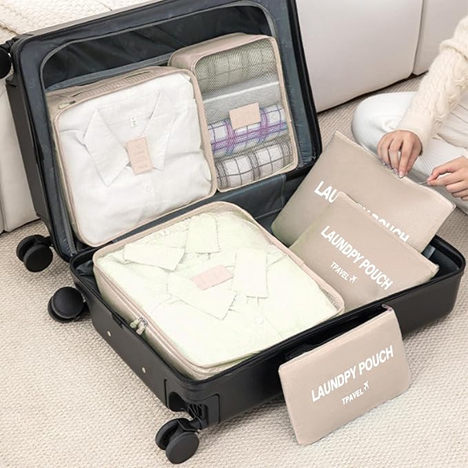 6 Set Packing Cubes for Travel Luggage Packing Bags Reusable Waterproof Suitcase Organizer Bags Set with Shoe Bag and Toiletry Bag (Beige‌)