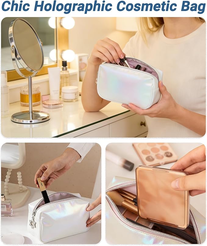 Small Makeup Bag，Travel Cosmetic Bag Organizer，Toiletry Bag with Zipper，Accessories Storage Bag for Women-Holographic white