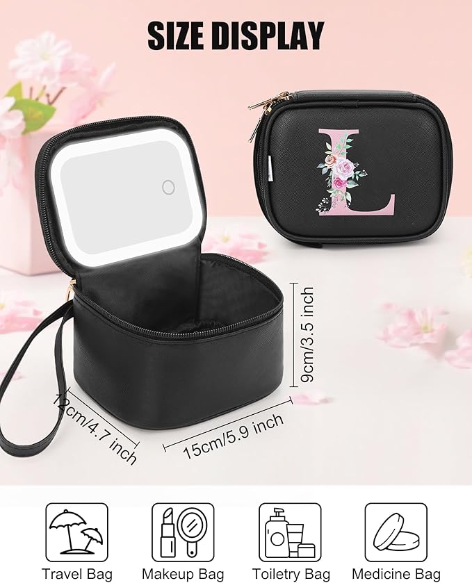 Relavel Initial Makeup Bag with Led Mirror, Mini Make Up Bag for Women Girls, Personalized Cosmetic Bag with Adjustable Brightness, Rechargeable Make Up Bags Pouch for Birthday Gifts - Black L