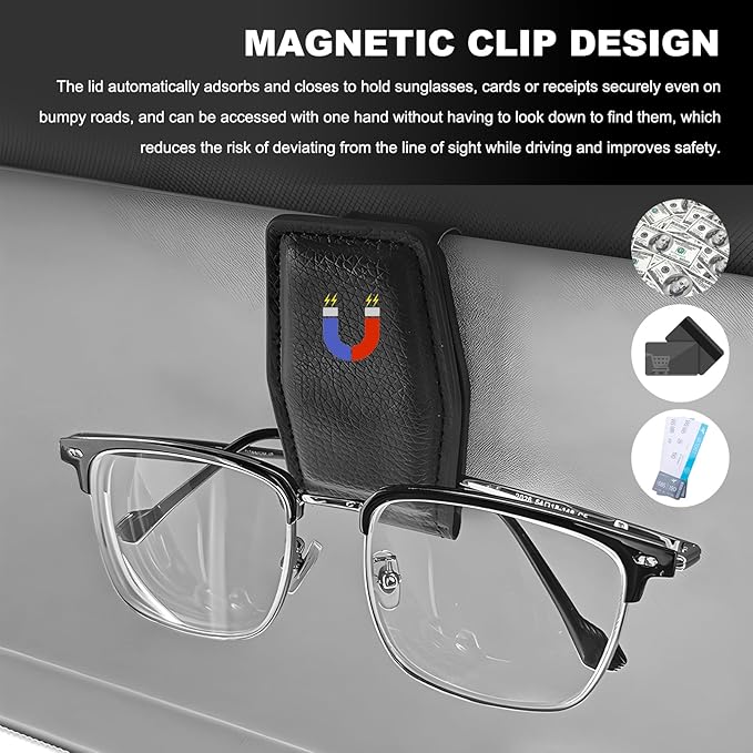 2PCS Sunglasses Holders for Car Sun Visor, Magnetic Leather Auto Visor Glasses Organizer Ticket Card Clip, Universal Eyeglasses Hanger Mounter for Most Cars, Trucks, SUVs (Beige)