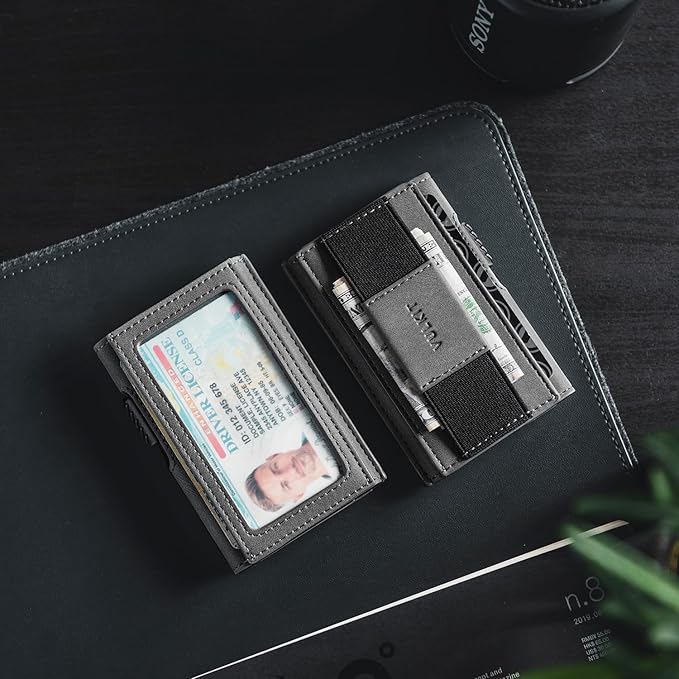 VULKIT Mens Minimalist Wallet for Max. 8 Cards with Pop-Up Credit Card Ejector RFID Blocking, ID Window and Elastic Strap for Bills or Keyring, Gift Box Packed, Grey