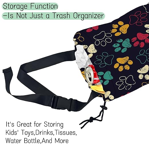 Colorful Paw Car Trash Bag,Hanging Drawstring Car Garbage Bag, Waterproof Canvas Car Back Seat Organizer with Adjustable Buckle, for Vehicles, SUVs, Camping, Road Trips