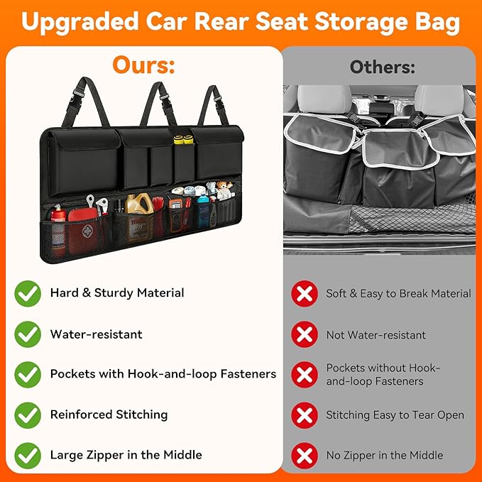 Trunk Organizer for SUV, 43" x 19" Large Capacity Car Organizers and Storage, Backseat Hanging Storage Bag with 10 Pockets, Adjustable & Waterproof Car Interior Accessories for SUV Truck MPV