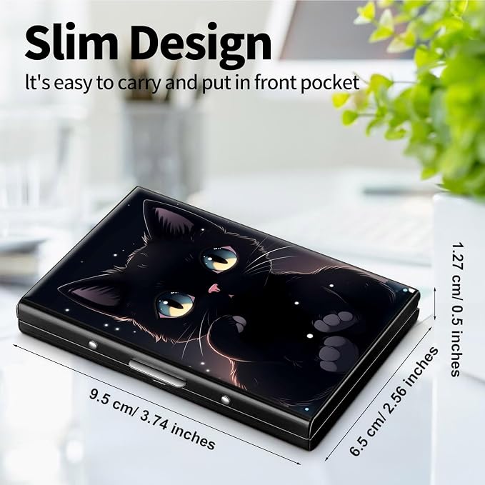 Metal Wallet for Women Men Girls, RFID Blocking Slim Aluminum Credit Card Holder, Mini Travel Wallet with Hard Shell, Lightweight ID & Business Card Case,Cute Black Cat