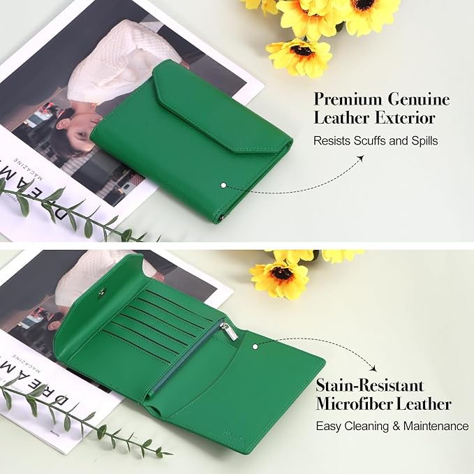 WHHMK Leather Passport Holder for Travel,Rfid Passport Holder Protect Your Card Security,Passport Book Holder for Women,Travel Wallet with Cards & Pen Slots,Boarding Pass,Zipper Cash Pocket(Green)
