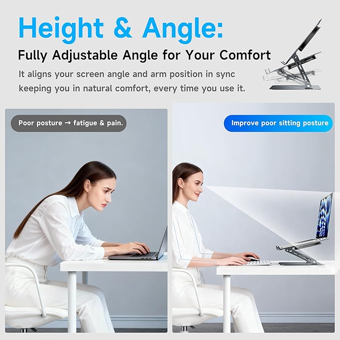 Laptop Stand - Adjustable Ergonomic Laptop Riser, Portable Foldable Aluminum Laptop Holder Perfect for Desk, Bed, Couch & Lap - Space Saving - Silver