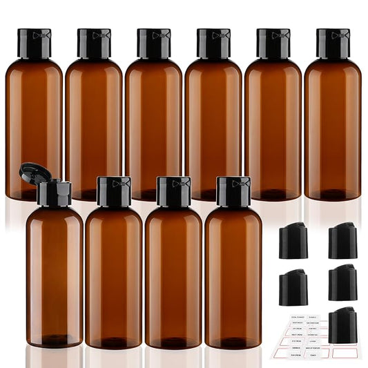 10 Pack 3.4 oz Travel Bottles for Toiletries TSA Approved Leak Proof Travel Size Containers Plastic Empty Shampoo Bottles with Labels Squeeze Bottle Toiletry(Brown)