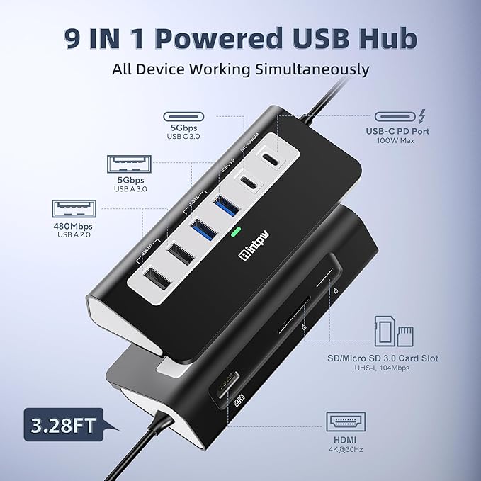 P9 USB-C Docking Station, intpw 9-in-1 USB C Hub with 4K HDMI, 3 Type A/C 3.0 5Gbps, PD 100W, 2 Type-A 2.0, SD/TF Ports, Compatible with MacBook, iPad, iPhone 17 Series
