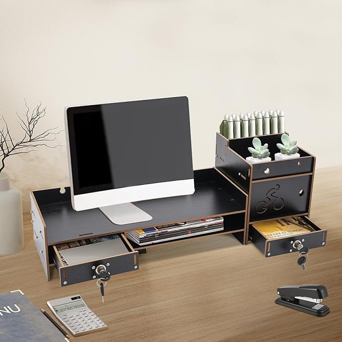 Desktop Monitor Stand with Drawer, Adjustable Laptop Riser Monitor Riser, Computer Monitor Booster Stand for Home Office