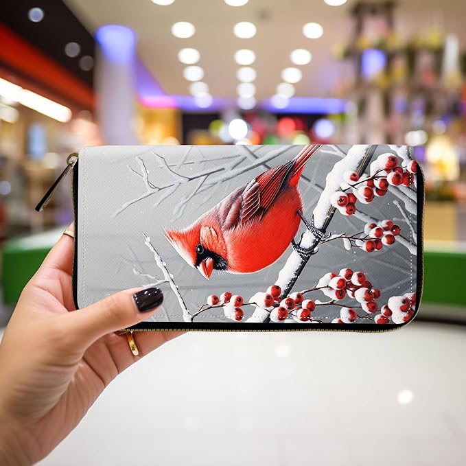 Wallet,Leather Long Wallet Suitable For Ladies And Teenagers - Detachable Wristband + RFID Travel Wallet With Card Slot - Cardinal in Snow
