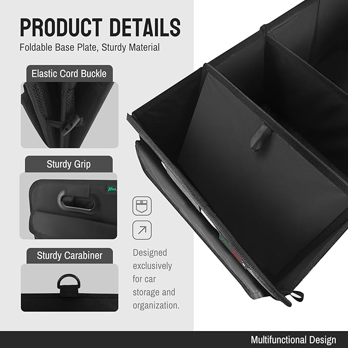 PAT SAM'S Trunk Organizer for SUV, Foldable Car Storage Organizer with Dividers, Waterproof Oxford, Collapsible Car Storage Box with Pockets for Grocery, Tools, Travel (Black)