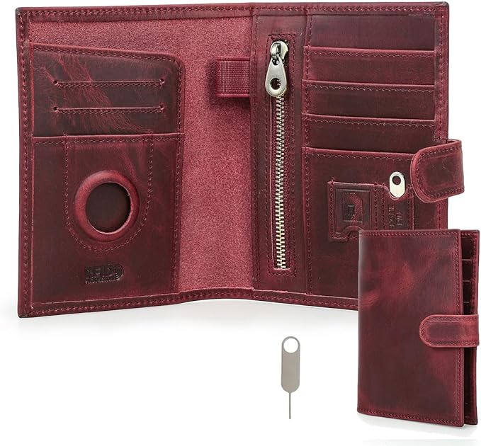 CONTACTS Full Grain Leather Passport Holder Compatible with Airtag Passport Wallet RFID Blocking Travel Passport Cover with SIM Card Removal Tool (Red)