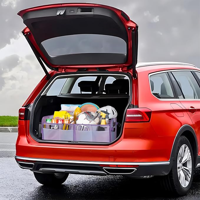 titiyiof Trunk Organizer For Suv&Sedan,Car Organizers&Storage,Waterproof Collapsible & Adjustable Straps,70L Sturdy Car Organization for Car Accessories,Tools,Sundries,2-3Compartment(Colorful Purple)