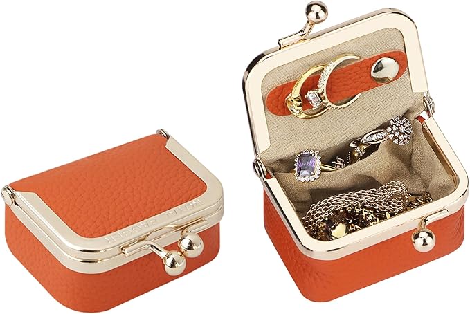 Royal Bagger Genuine Cow Leather Mini Jewelry Box Women's Coin Purse Solid Color Kiss Lock Change Pouch Casual Style Small Storage Bag for Women 1894 (Orange)