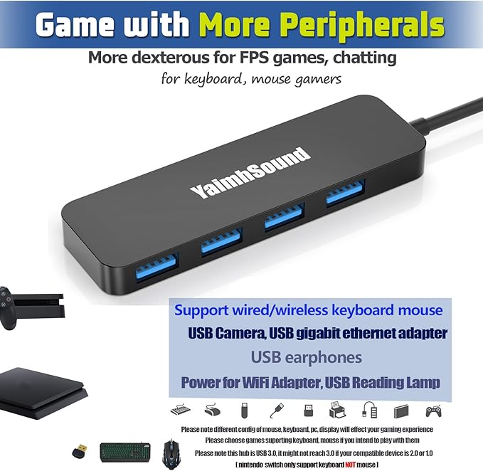 USB Splitter for Laptop, YaimhSound 4-Port USB Hub 3.0, Multiple USB Expander Adapter for Keyboard,Mouse, Dell,Asus,HP,MacBook,Surface, Acer,Ps4,Xbox,Flash Drive,SSD,Printer,Camera