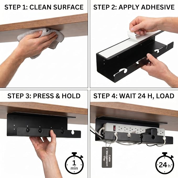 Under Desk Cable Management Tray No Drill, Cord Organizer for Desk, Wire Organizer, Cable Tray for Home Office Standing Desk, Wire Managment, Cord Hider, Set of 2 pcs (1 Black & 1 White)