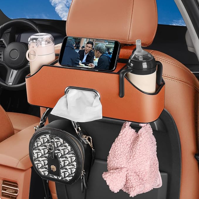 HOLDCY Car Back Seat Organizer with 2 Drink Cup Holder - Tissue Box and Storage Box Hook - Multi-functional Storage - Great for Kids and Travel (Orange)
