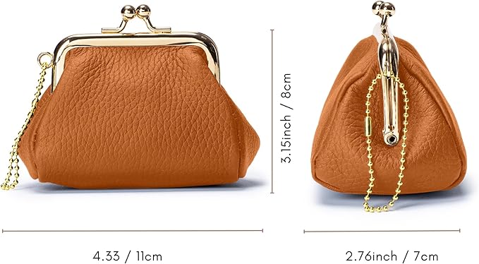 Genuine Leather Coin Purse for Women, Cute Mini Lipstick Holder Case, Small Vintage Kiss Lock Jewelry Storage Organizer Change Bag Pouch (Brown)