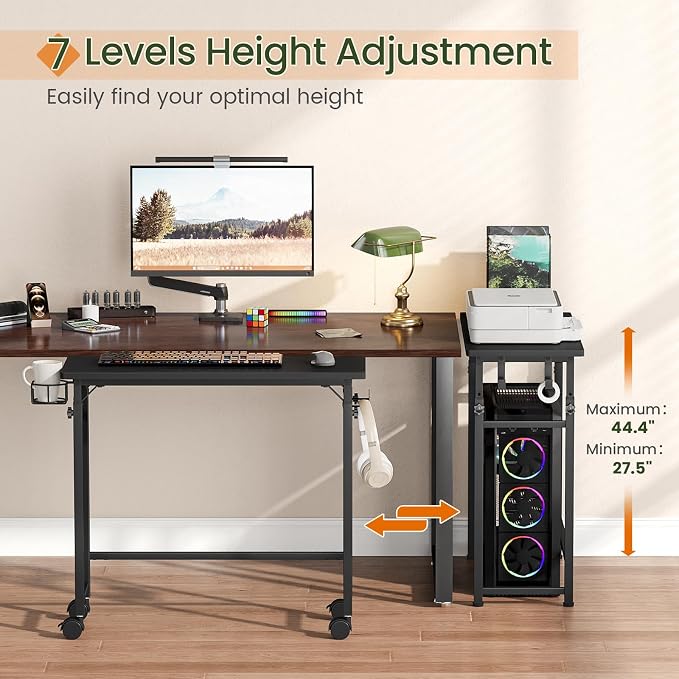Snughome Mobile Keyboard Tray with Wire Cup Holder & 2 Storage Hooks, Height Adjustable 27.5"–44.4", Rolling Standing Desk Keyboard Platform with Lockable Casters for Home Office, Black
