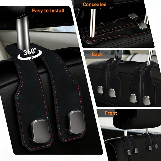 2 Pack Leather Car Headrest Hooks, Double Hook Heavy Duty Purse Holder, 360° Rotating Seat Back Organizer Holds 55 lbs for Handbags, Grocery Bags, Universal Fit Car Accessories, Black