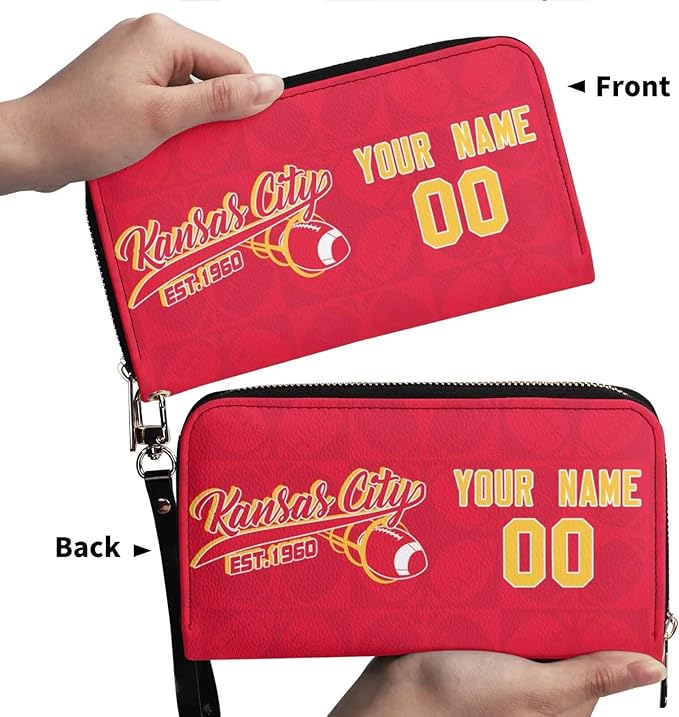 Custom Sports Team Zip Organizer Wallet-Personalized PU Leather Wallet with Name Number,Multi-Card Slots,Wrist Strap,Fan Gift for Men Women.