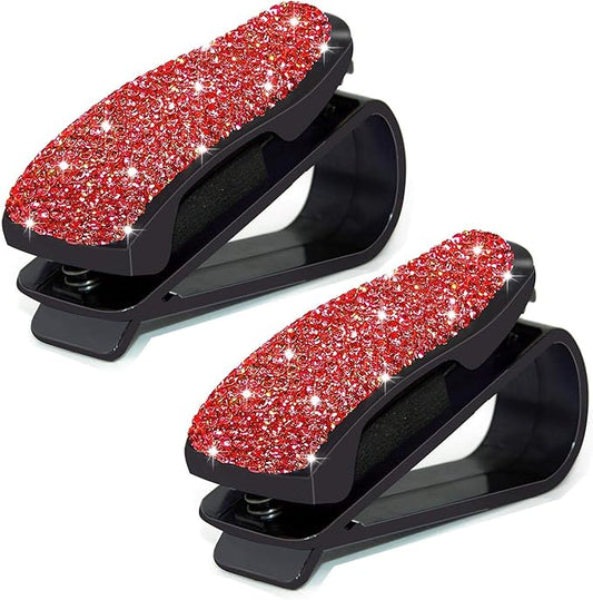 Glasses Holders for Car Sun Visor, 2 Pack Bling Crystal Rhinestones Fashion Car Eyeglasses Sunglasses Hanger Mount with Ticket Card Clip for Women Girls (Red)