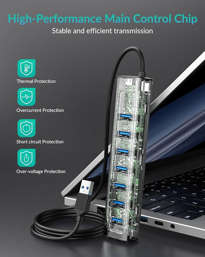 GiGimundo USB 3.0 Hub, 7-Port USB Extender Hub with 3.3FT Long Cable, USB Splitter, Aluminum High-Speed 5Gbps USB Hub for PC, Laptop, Desktop, Computer, PS5, XPS(Gray,1M)