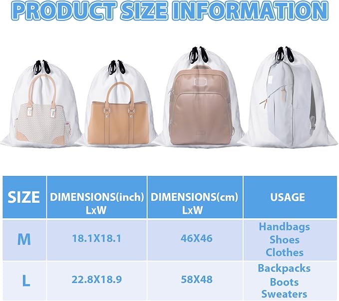 Woanger 10 Pcs Dust Cover Bags Large Dustproof Drawstring Washable Breathable Storage Bag with 2 Sizes, Reusable for Shoes Purses Handbags Travel Packing Luggage Toys Organizer Home Storage