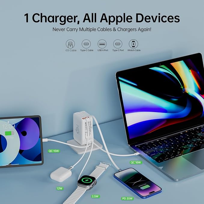 Retractable Apple Watch Charger, 5 in 1 Wall Charger with 3 Retractable Cables for Older iPhones & USB-C Devices, 35W Foldable Charger Block for iPhone 17/16/15/14, iPad, AirPods