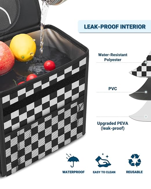 Capolo Car Trash Can with Lid, Leakproof Car Trash Bag Hanging Waterproof Automotive Garbage Can with Storage Pockets Mini Vehicle Trash Bin for Back/Front Seat(Black Checkerboard,3 Gallon)
