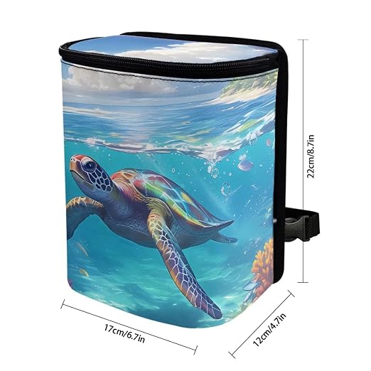 Biyejit Turtle Print Car Trash Can with Lid Collapsible Waterproof Reusable Automotive Garbage Bin with Adjustable Strap Car Accessories Interior Cars Organizer