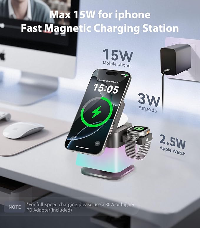 4 in 1 Wireless Charging Station,Charger Stand with Night Light for iPhone17/16/15/14/13/12,Airpods,Watch(20W Adapter),Magnetic Charging Station for Apple