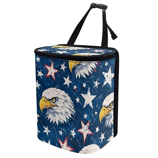 Talayituse Eagle American Flag Print Car Trash Bin, Large Size Auto Trash Can Adjustable Portable Garbage Can with Lid, Vehicle Hanging Bag for Headrest Front Back Seat 4th of July Decor