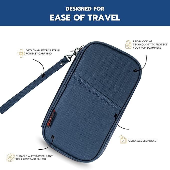 Zoom Lite Premium Travel Document Organizer, Travel Wallet Passport Holder Family 4 with RFID Protection and Removable Wristlet - Fits Cards, Money for Women and Men Passports Bag– Black