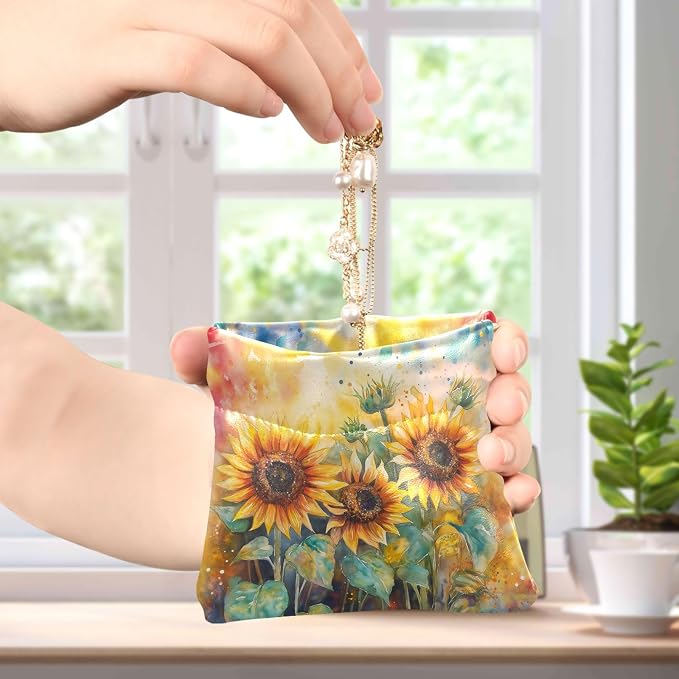 Sunflower Women's Waterproof PU Leather Coin Purse, Slim Travel Wallet with Zipper - Compact Card Holder & Jewelry Organizer for Cash, Keys, Lipstick