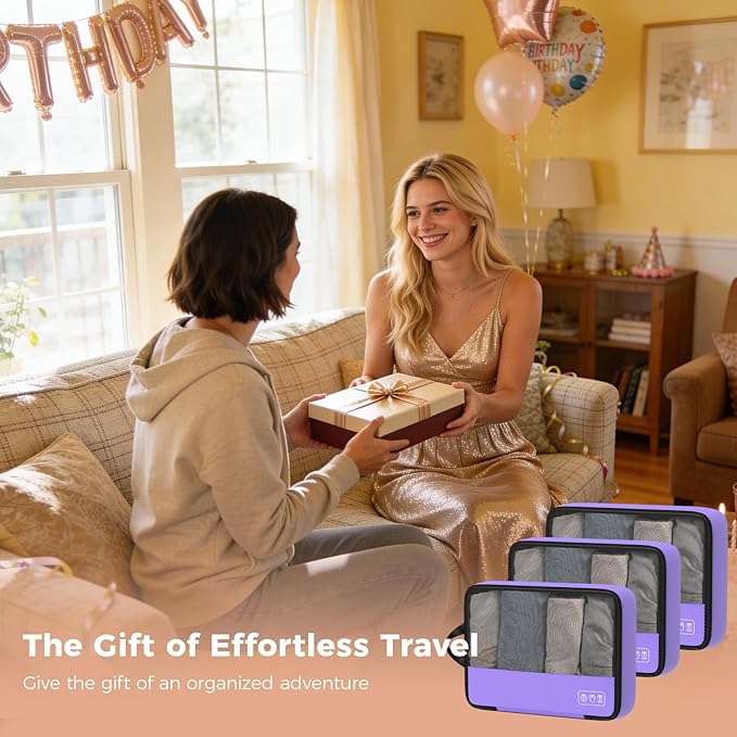 8-Piece Compression Packing Cubes for Travel, Elegant Ultralight Luggage Organizer Set for Women, Space Saving for Carry-On, Suitcase & Vacation Cruise Travel - Purple