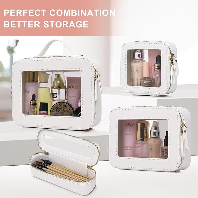 Pinkmik Travel Clear Makeup Bag with Brush Case TSA Approved Toiletry Bag Waterproof Cosmetic Organizer with Zipper Car Essential for Women (White, M+SLIM)