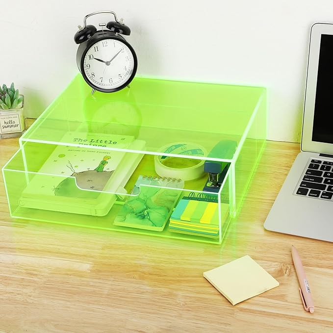 Gelite Acrylic Desk Organizer with Drawer for Makeup Vanity Stackable Desktop Storage Box for Office Supplies, 13.8 x 9.8 x 3.9’’, Neon Green