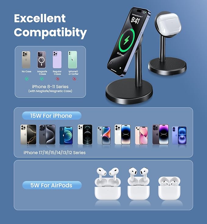 Magnetic Wireless Charger iPhone, 2 Pack 15W Fast Mag-Safe Charger Stand for iPhone 17/17 Air/17 Pro/17 Pro Max 16/15/14/13/12 Series, Wireless Charging Station for Pad/AirPods