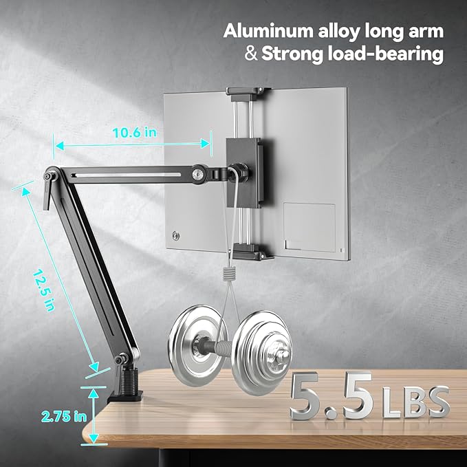 Portable Monitor Stand Desk Holder- Large Clamp support up to 6.5 12.9 14.6 15.6 18.5 inch 360° Rotating Base Swivel Tall Desk Arm Mount for iPad Pro/Mini/Air/Surface Strong Bearing Weight over 5.5lbs