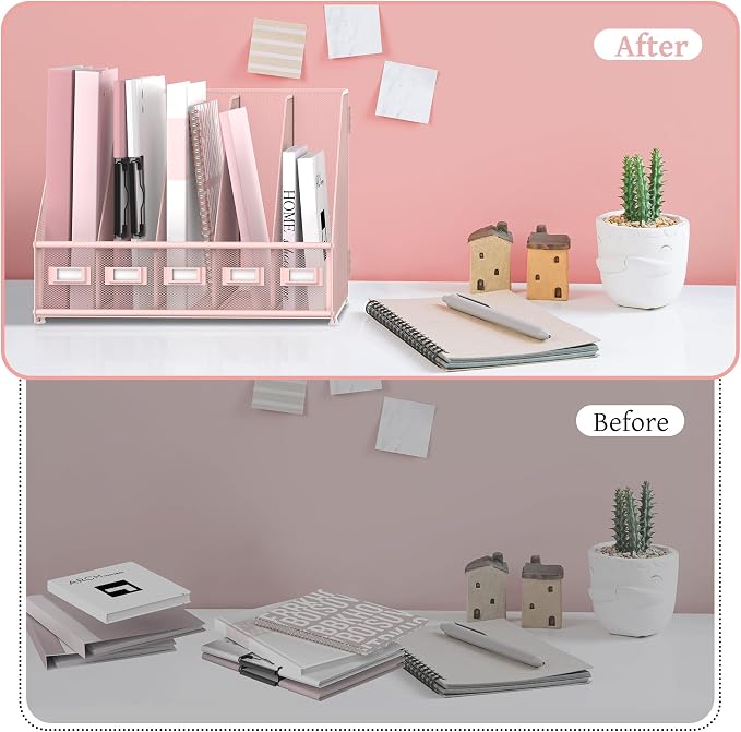 SUPEASY Desk Organizers Metal Desk Magazine File Holder with 5 Vertical Compartments Rack File Organizer for Office Desktop, Classroom, Home Workspace, Pink