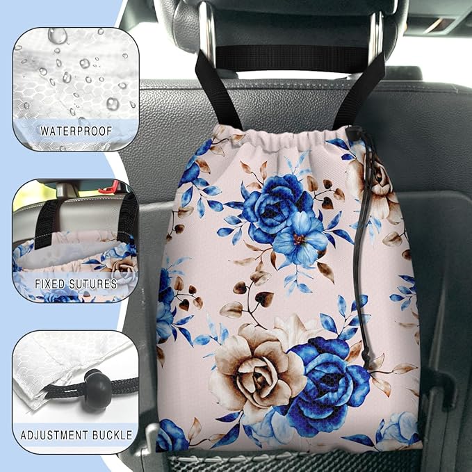 Car Trash Bag Hanging Back of Seat Waterproof Small Cute Printed One-Handed Strap Drawstring Garbage Bags for Car-Blue Rose