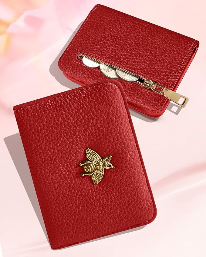 Bistup Credit Card Holder Wallet for Women Cute Leather Ladies Teen Girls Female Cardholder Wallets Accordion Purse Small Medium Aesthetic Print Red Unique Modern Design Rfid Zipper Around