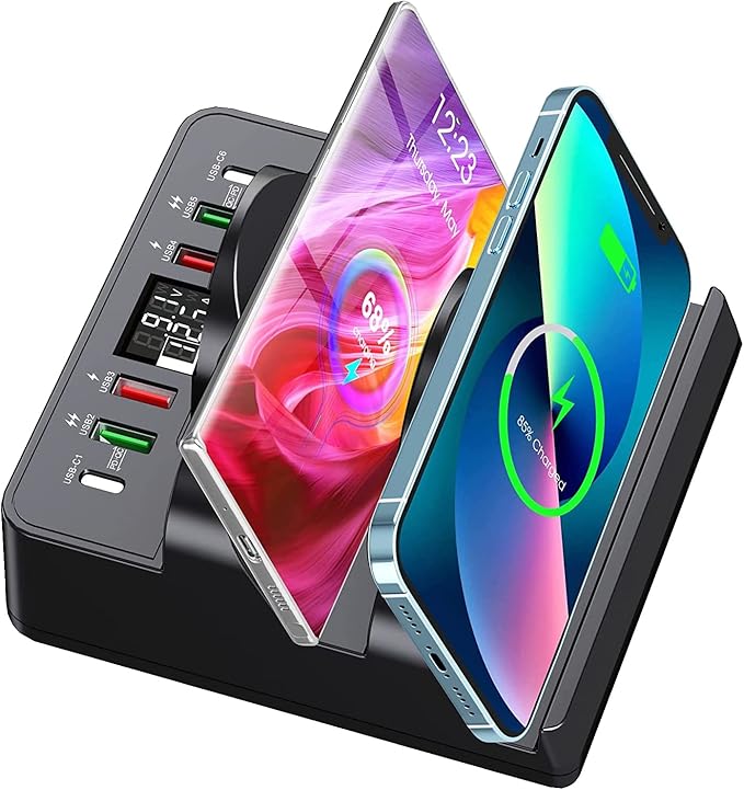Wireless Charging Station with 6 USB Ports, 8 in 1 15W Dual Wireless Charger Station, 2 QC/2 PD USB Fast Charging Station, 80W Phone Charger for iPhone14/13/12/11/X/Samsung/Android/iWatch